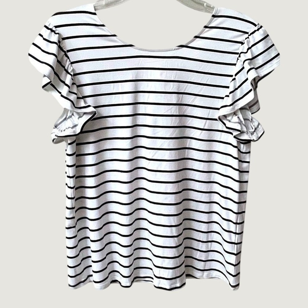 Bobeau Striped Flutter Sleeve Top Womens Medium Black Ivory Back Tie Soft Knit